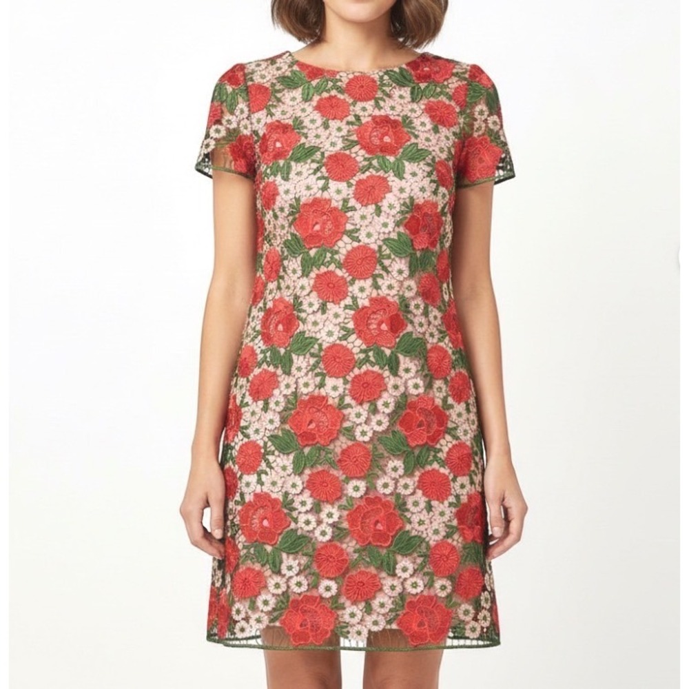 NWT TAHARI Pink/Green/Multi Floral CROCHET LACE OVERLAY Lined SHIFT DRESS Sz 8